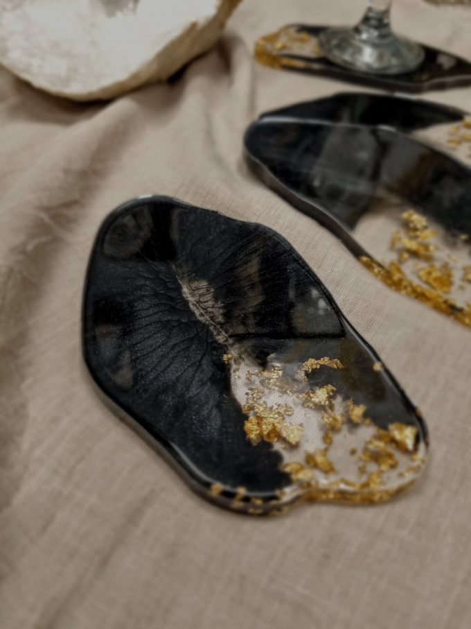 Dessous de verre Agate feuille d'or - Noir