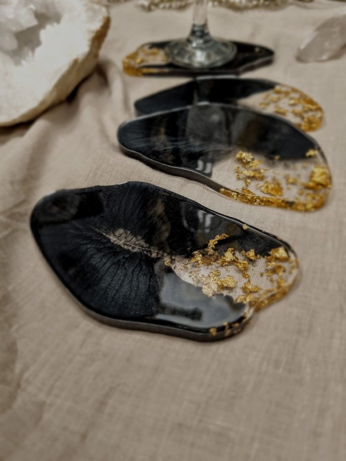 Dessous de verre Agate feuille d'or - Noir