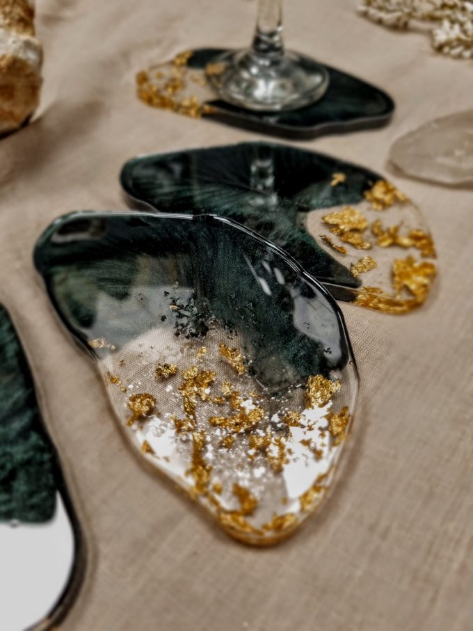 Dessous de verre Agate feuille d'or - Vert maquis